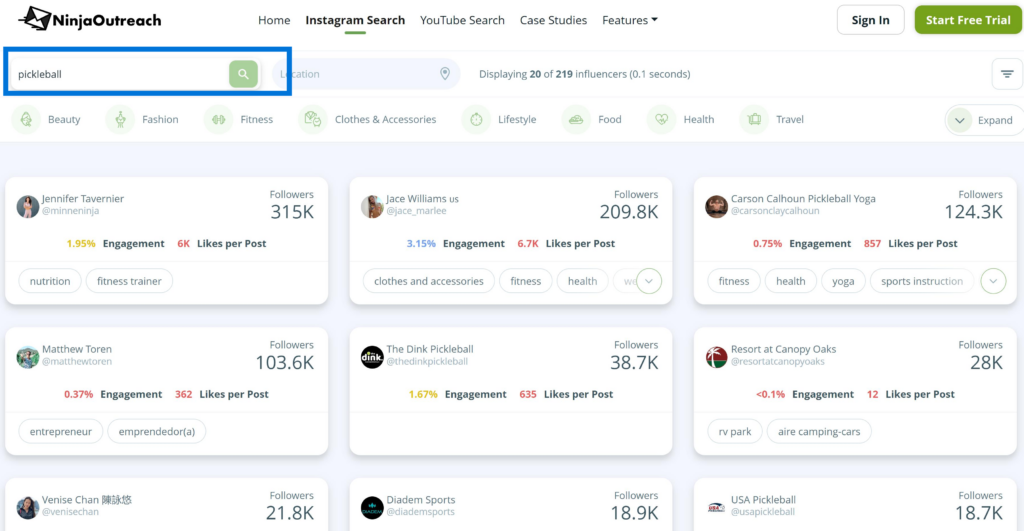 Example of Using NinjaOutreach to Find Influencers