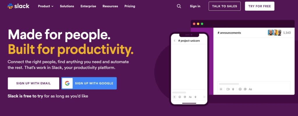Above the Fold Example Slack Home Page