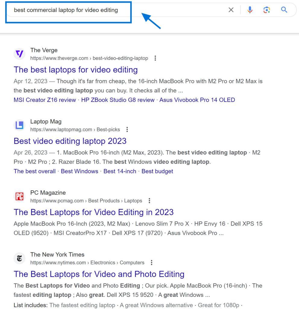 Commercial Investigation Search Intent Example "best commercial laptop for video editing"