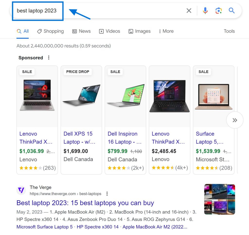 Commercial Investigation Search Intent Example "best laptop 2023"
