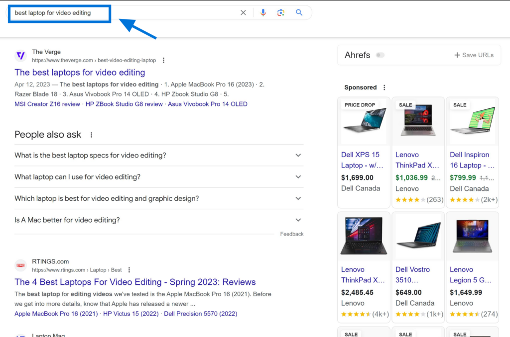 Commercial Investigation Search Intent Example "best laptop for video editing"