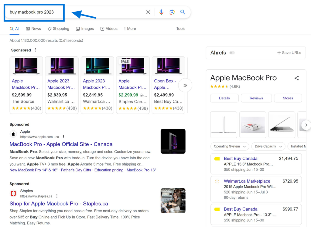 Commercial Investigation Search Intent Example "buy macbook pro 2023"