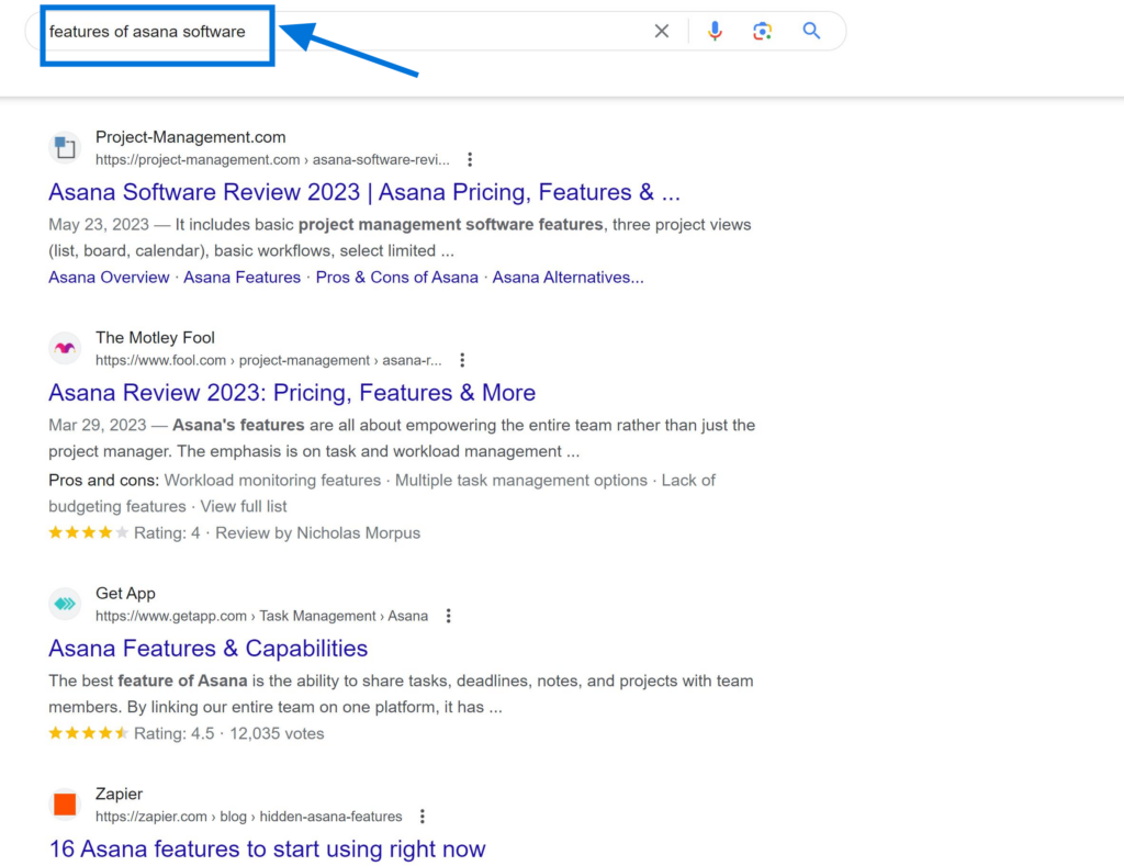 Commercial Investigation Search Intent Example "features of asana software"