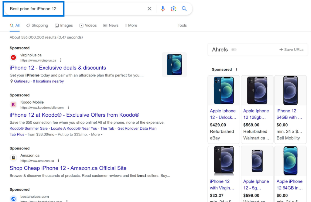 Commercial Search Intent Example "best price for iphone 12"