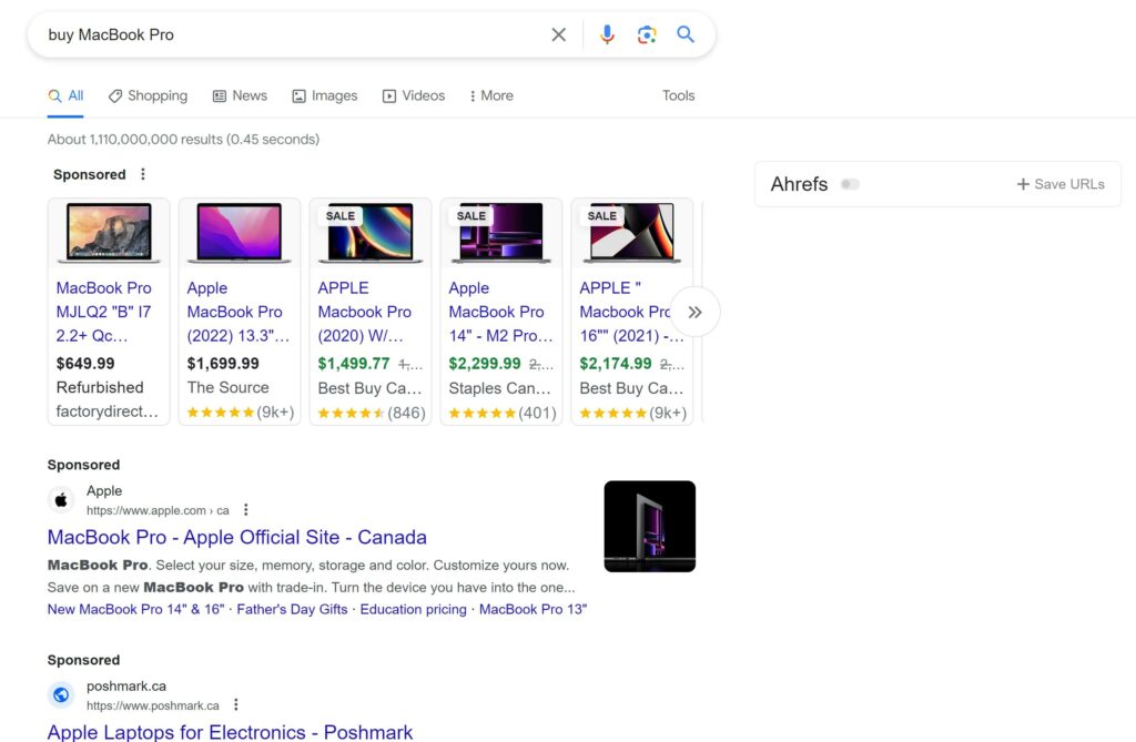 Commercial Search Intent Example "buy MacBook Pro"
