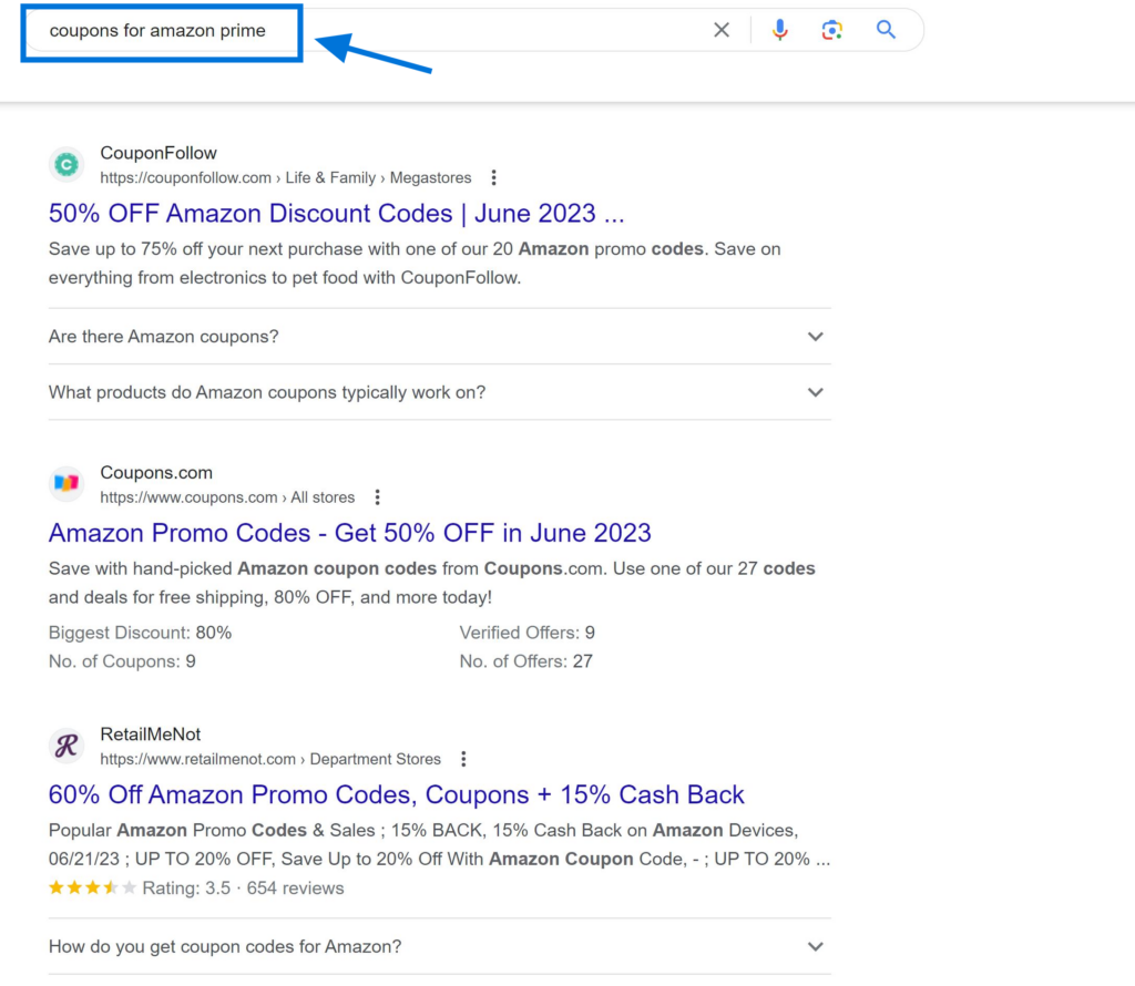 Commercial Search Intent Example "coupons for amazon prime"