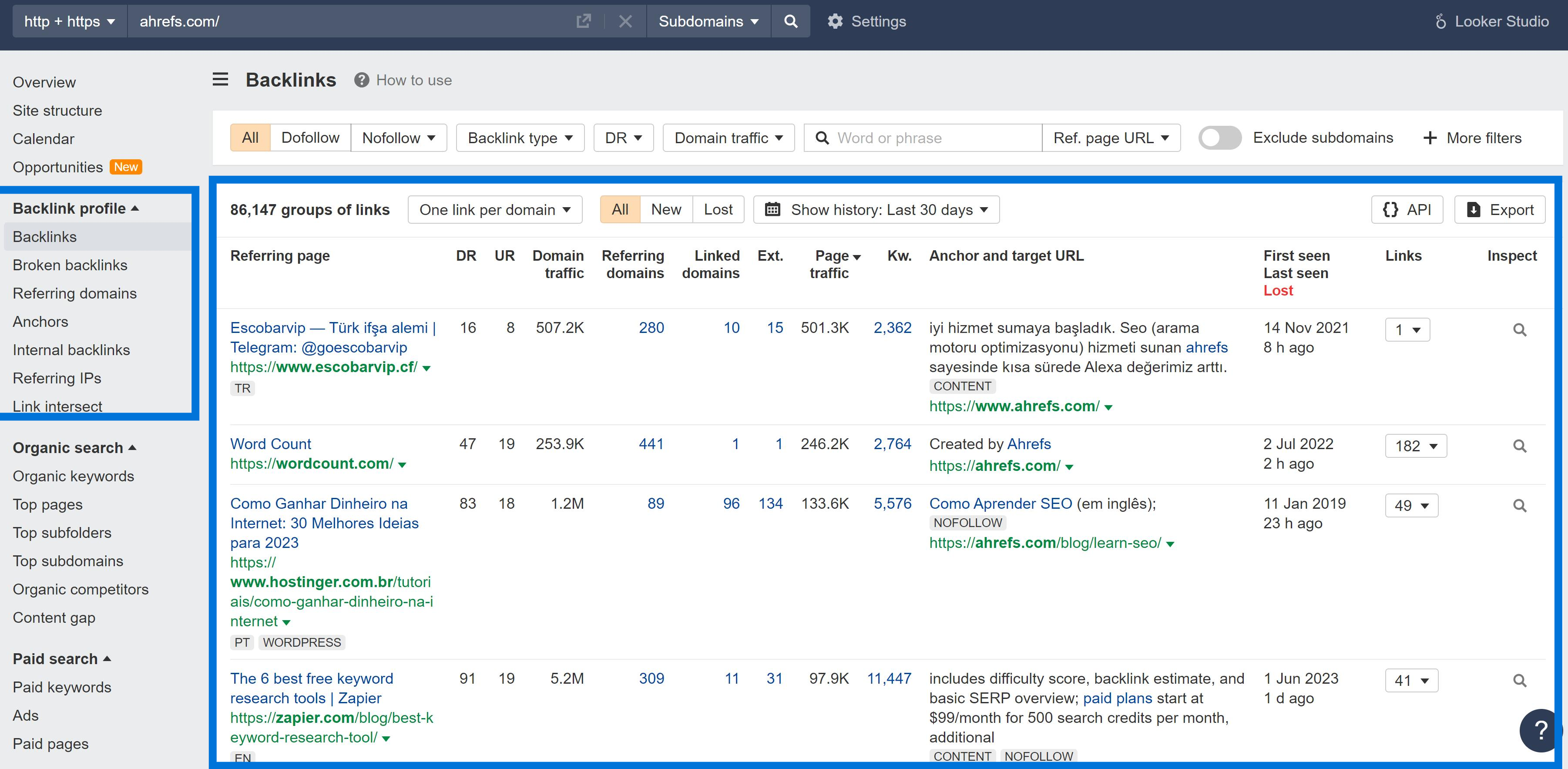 Backlink Profile Example for "Ahrefs"