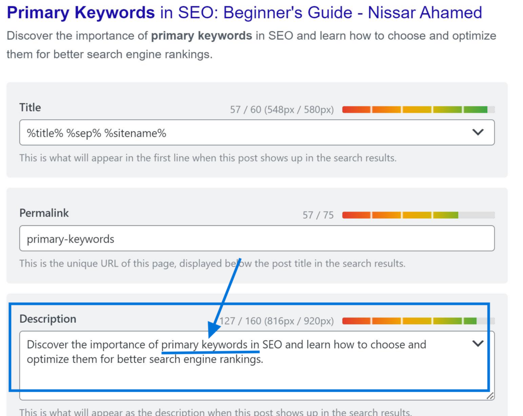 Example of Primary Keywords in Meta Description