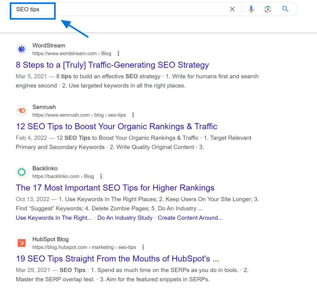 Short-tail Keywords Example "SEO Tips"