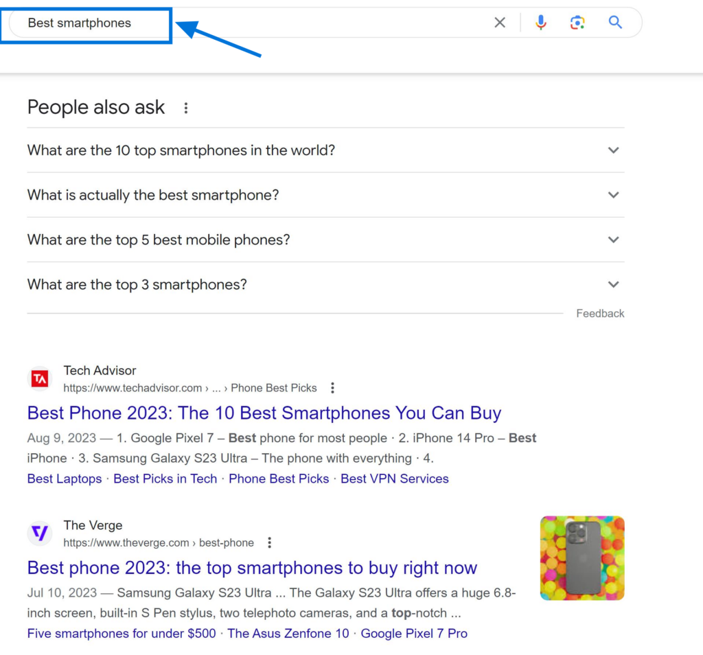 Short-tail Keywords Example "best smartphones"
