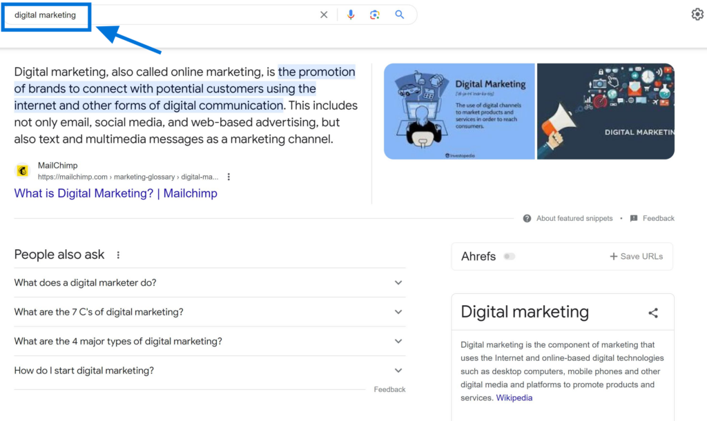 Short-tail Keywords Example "digital marketing"